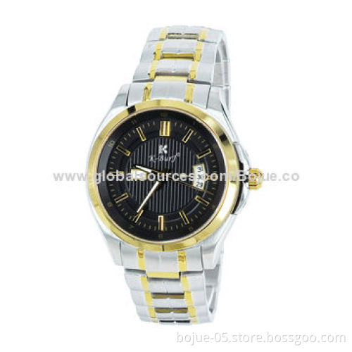 Quartz stainless steel watches with calendar date function,silver gold two-tone color,Japan movement